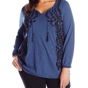 Lucky Brand Embroidered Blue Peasant Blouse